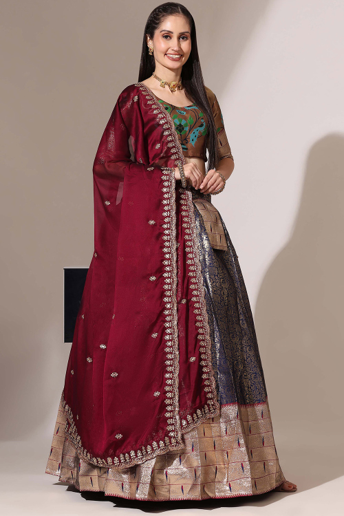 Dark Purple Silk Woven Zari A Line Lehenga 