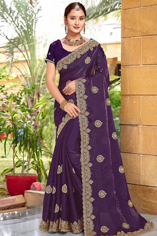 Dark Purple Stone Embellished Organza Saree For Diwali