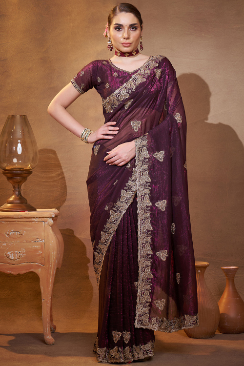 Dark Purple Tissue Embroidered Saree For Festival