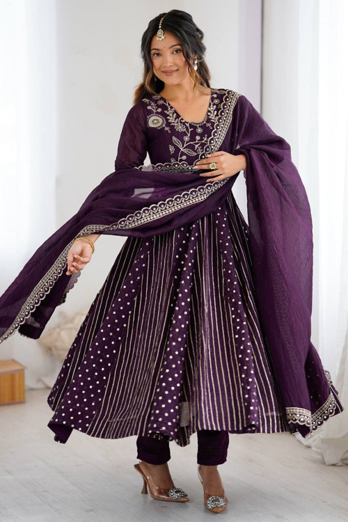 Dark Purple Tissue Sequins Anarkali Trouser Suit