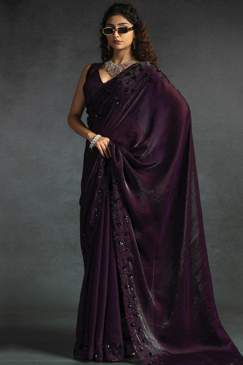 Dark Purple Tissue Silk Saree With Sequins Work for Party