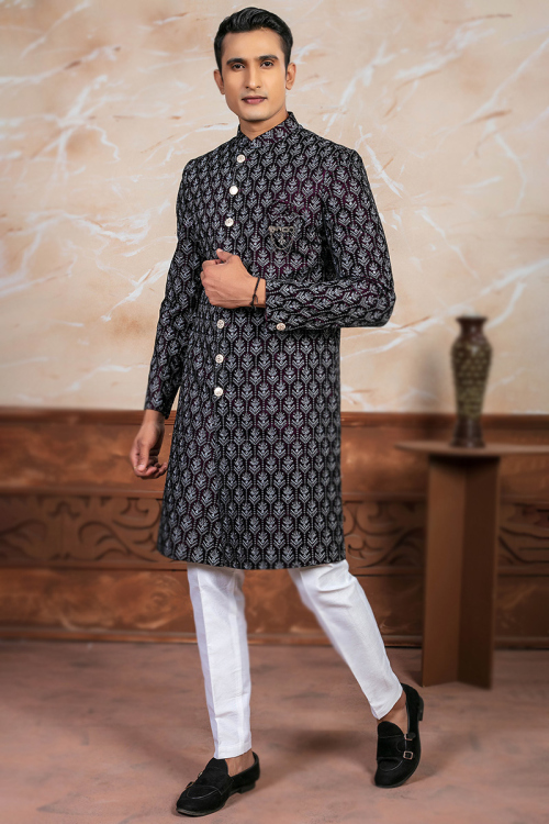 Dark Purple Velvet Embroidered Wedding Wear Men's Sherwani 