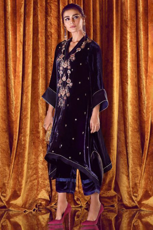 Velvet Dark Purple Party Wear Trouser Suit with Hand embroidery