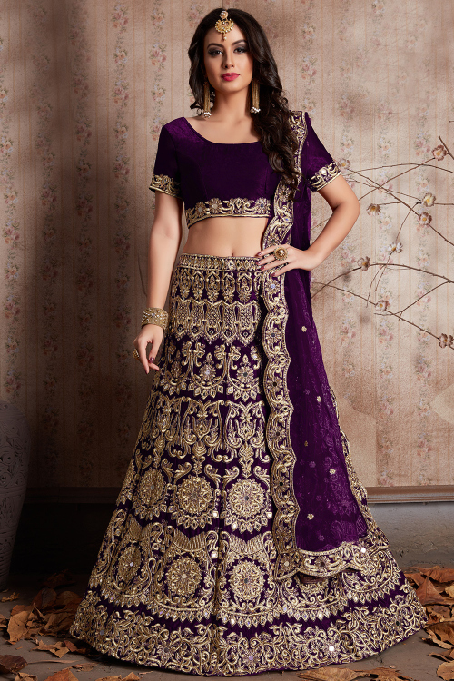 Dark Purple Velvet Lehenga with Zari Work for Sangeet