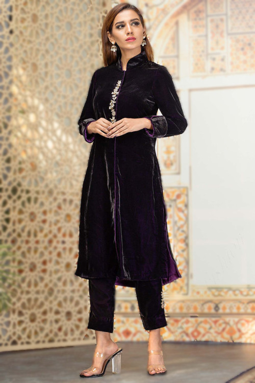 dark purple velvet straight cut pakistani trouser suit lstv113142 1
