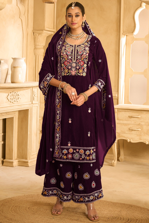 Dark Purple Velvet Straight Pant Suit With Beads Work For Festival
