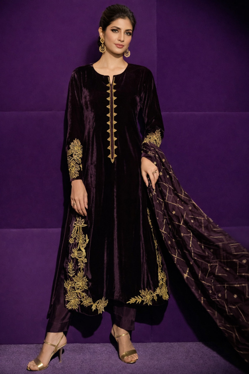 Dark Purple Velvet Zari Embroidered Trouser Suit For Weddings