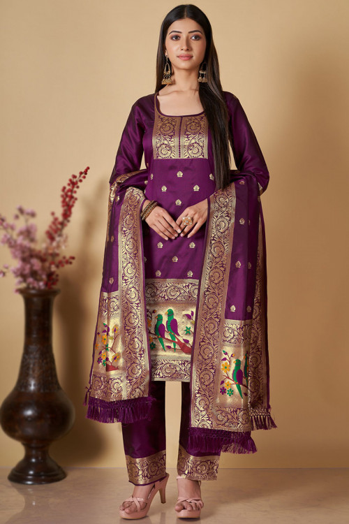 Dark Purple Weaved Zari Banarasi Silk Straight Cut Suit 