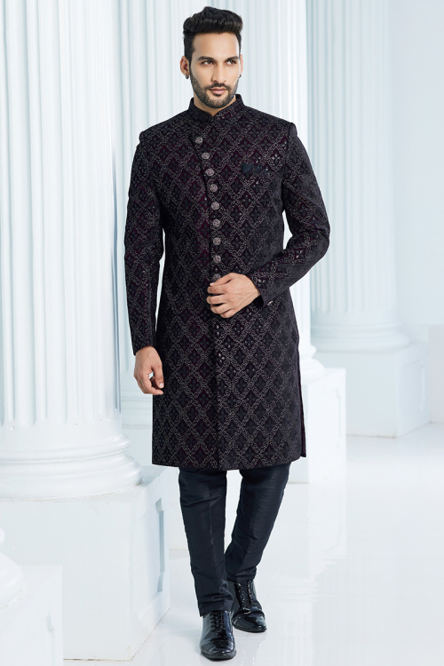 Dark Purple Zari Embroidered Men's Sherwani For Sangeet 