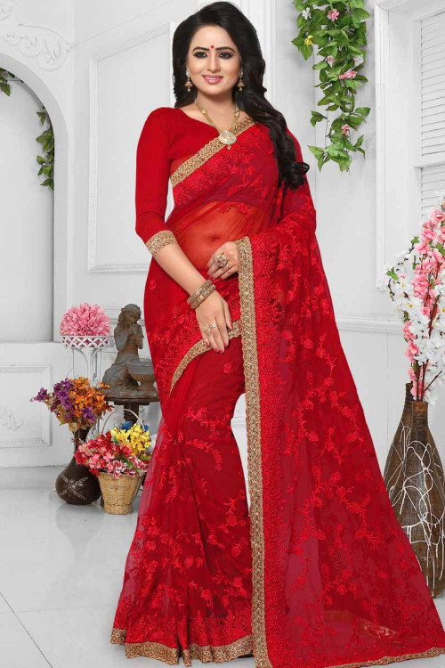 Dark Red Net Saree With Silk Blouse
