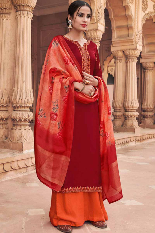 Dark Red Silk Palazzo Pant Suit With Resham Work