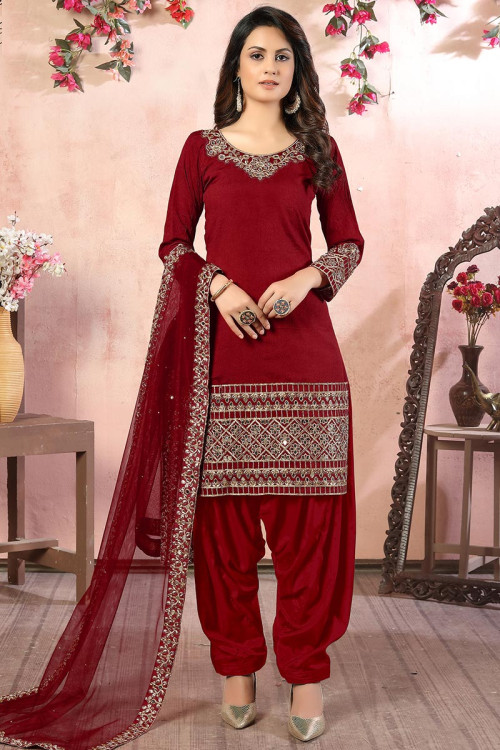 Deep Red Art Silk Patiala Suit With Mirror Work