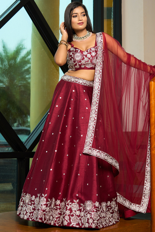 Deep Red Art Silk Embroidered A Line Lehenga 