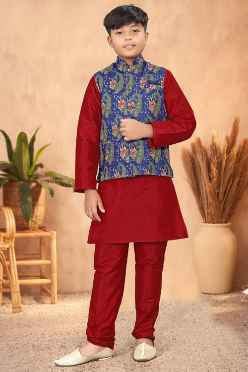 Deep Red Art Silk Jacket Style Boy's Kurta With Churidar 