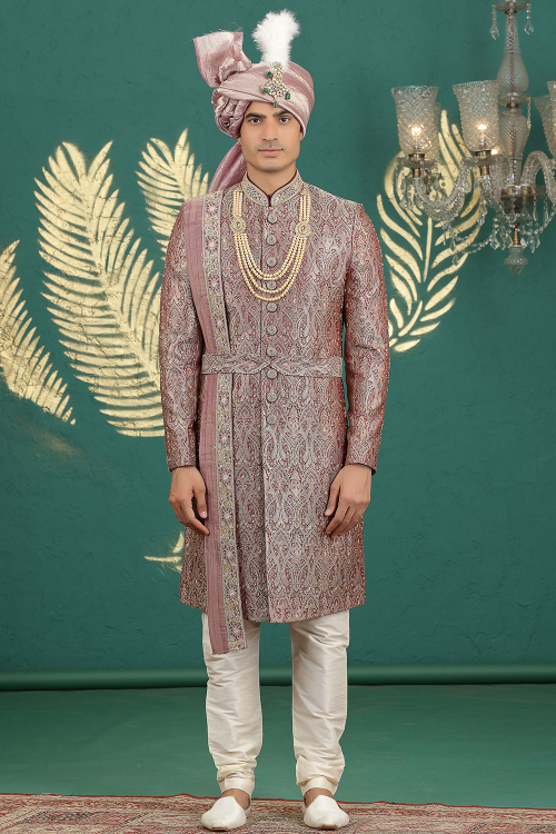Deep Red Art Silk Men's Sherwani With Woven Zari Work For Wedding