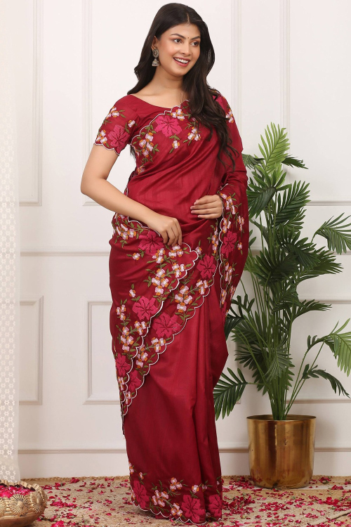 Deep Red Art Silk Resham Thread Work Light Weight Saree