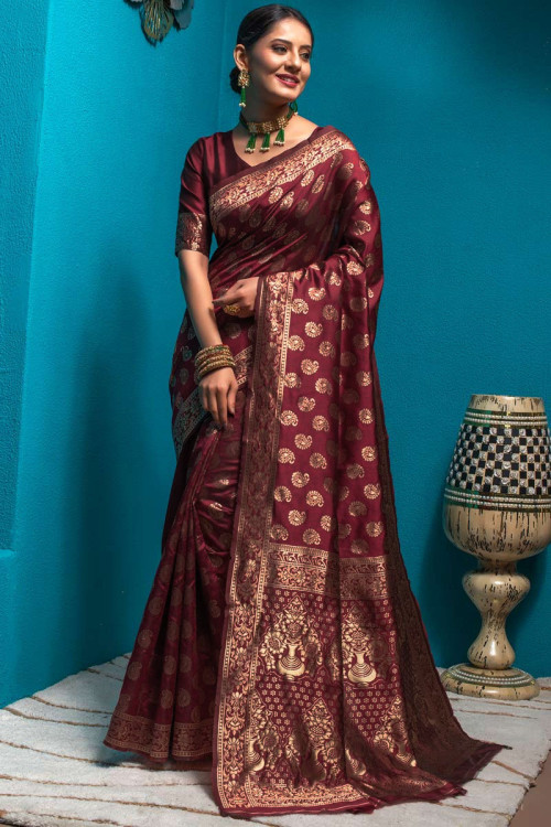 Deep Red Art Silk Wedding Wear Saree
