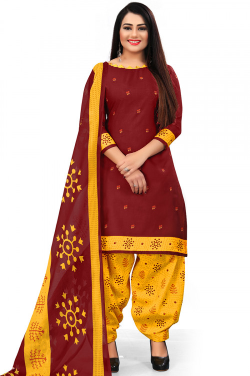 Deep Red Casual Wear Printed Cotton Patiala Suit 