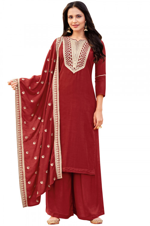 Deep Red Casual Wear Silk Embroidered Palazzo Suit 