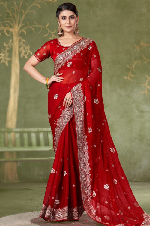 Deep Red Chiffon Zari Embroidered Light Weight Saree 