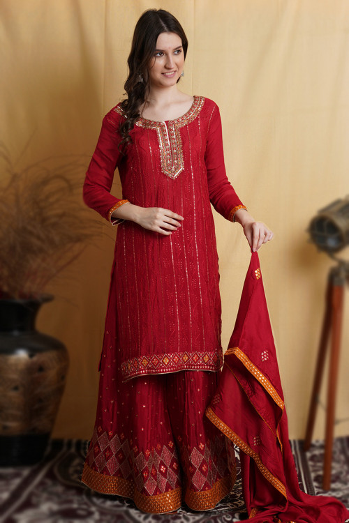 Deep Red Chinnon Embroidered Straight Cut Palazzo Suit 