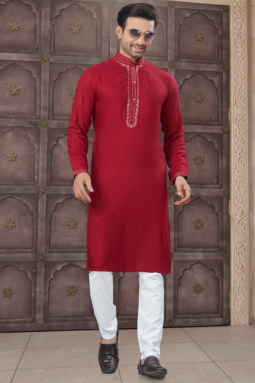 Deep Red Cotton Handloom Straight Cut Men's Kurta Pajama 