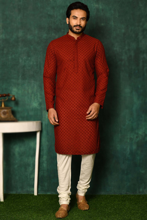 Deep Red Cotton Men's Embroidered Churidar Kurta