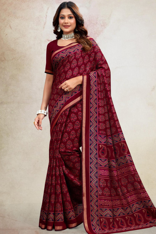 Deep Red Cotton Printed Light Weight Saree