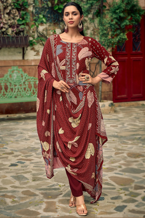 Deep Red Cotton Printed Straight Cut Trouser Suit 