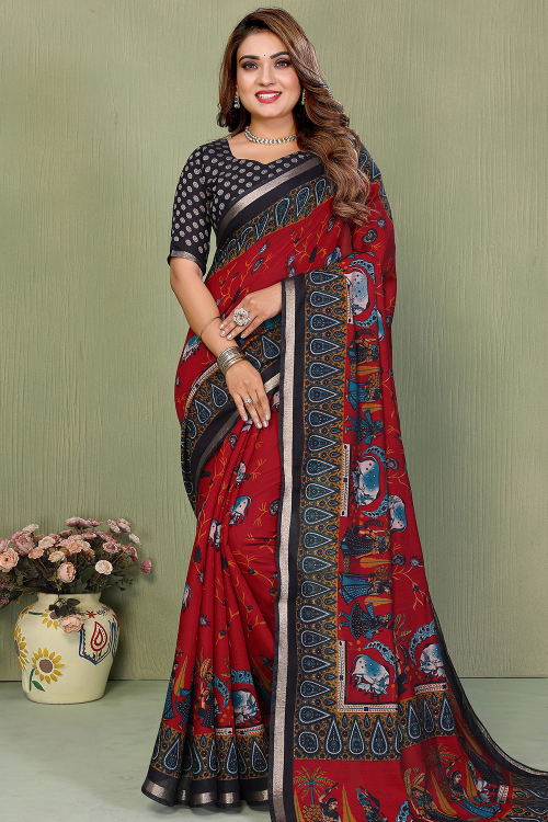 Deep Red Cotton Saree With Printed Work for Festival