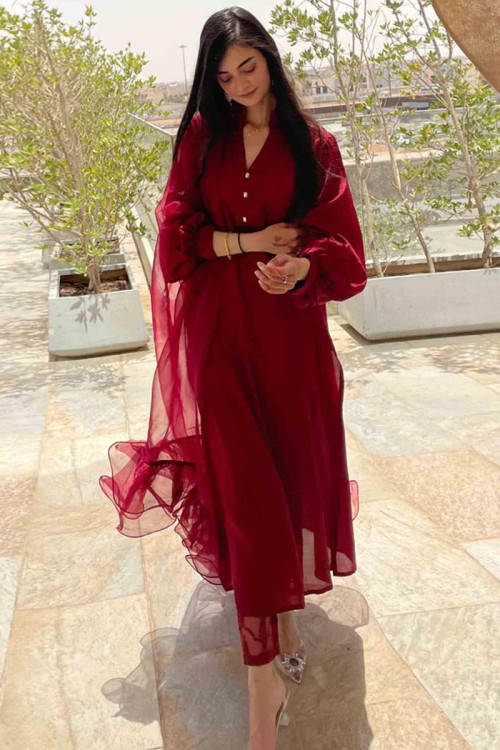 Deep Red Silk Plain Trouser Suit for Eid