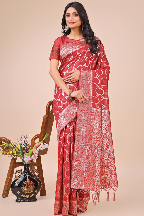 Deep Red Cotton Woven Zari Broad Border Saree