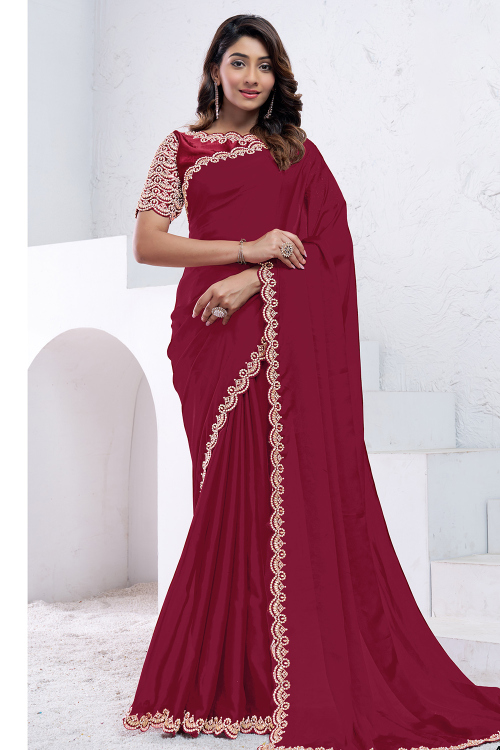 Deep Red Crepe Embroidered Light Weight Saree 