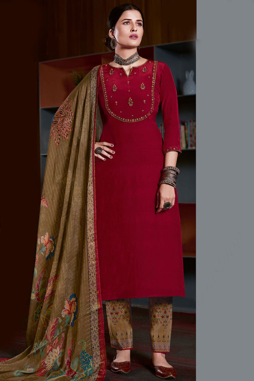 Deep Red Crepe Embroidered Trouser Suit