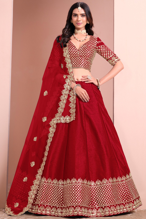 Deep Red Dupion Silk Embroidered A Line Lehenga 