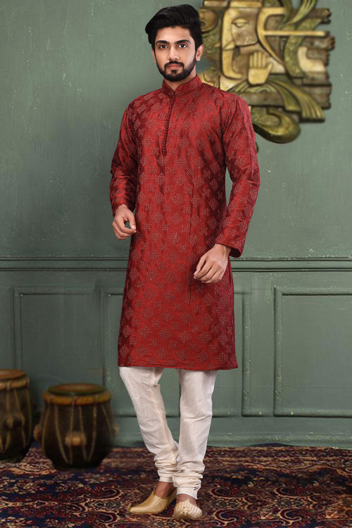 Buy Red Thread Work Punjabi Kurta Pajama Online for Men in UK