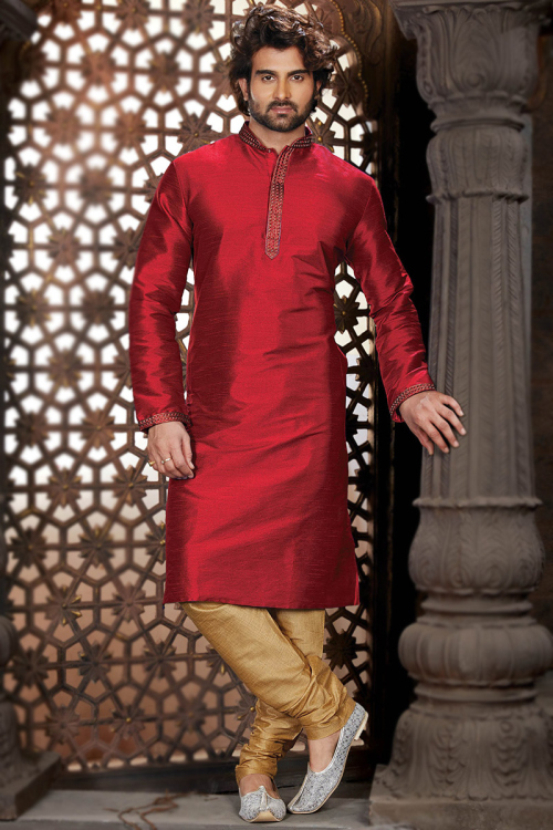 Deep Red Dupion Silk Embroidered Men's Kurta Churidar