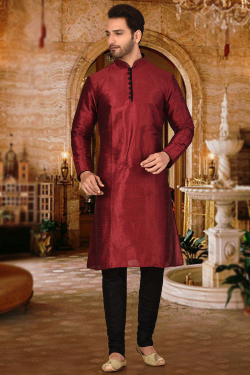 Churidar Men Kurta Pajama in Dupion Silk Deep Red for Sangeet