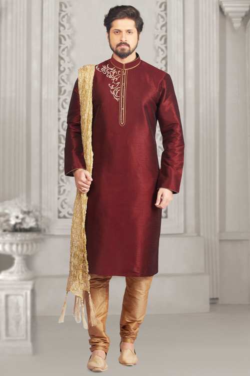 Deep Red Dupion Silk Men's Kurta Churidar With Zari Work