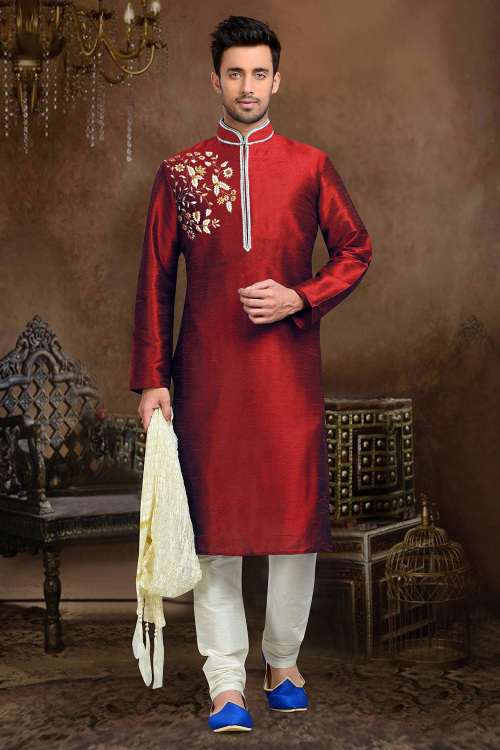 Deep Red Dupion Silk Men's Kurta Churidar With Zari Work