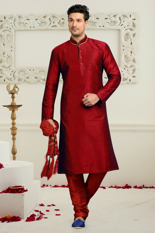 Deep Red Dupion Silk Men's Kurta Churidar With Zari Work
