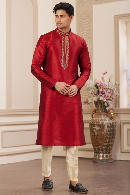 Deep Red Dupion Silk Men's Kurta Pajama With Zari Work
