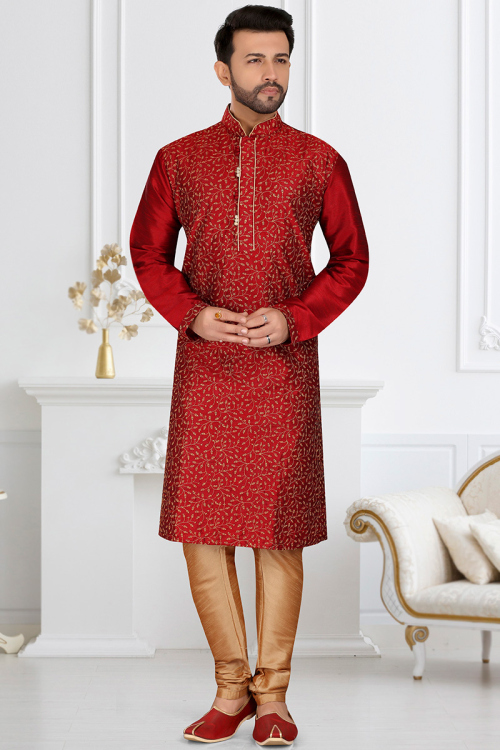Deep Red Dupion Silk Resham Embroidered Men's Kurta Churidar