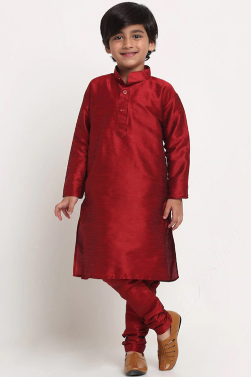 Deep Red Dupion Silk Straight Cut kid's Kurta churidar