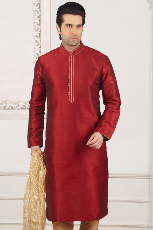 Deep Red Dupion Silk Straight Cut Men’s Kurta With Zari Work 
