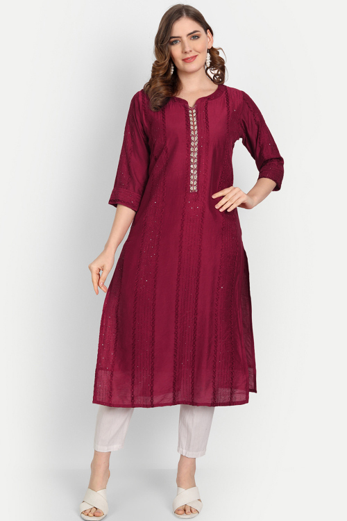 Deep Red Embroidered Chanderi Silk Straight Cut Ready Made Kurti