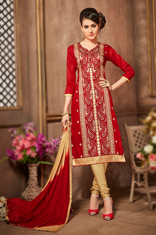Deep Red Embroidered Cotton Casual Wear Churidar Suit 