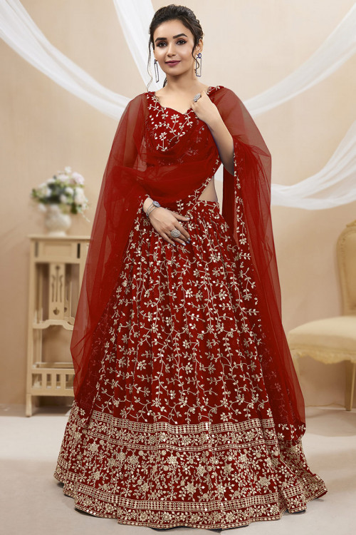 Deep Red Embroidered Flared Style Georgette Lehenga 