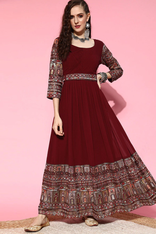 Deep Red Embroidered Georgette Gown