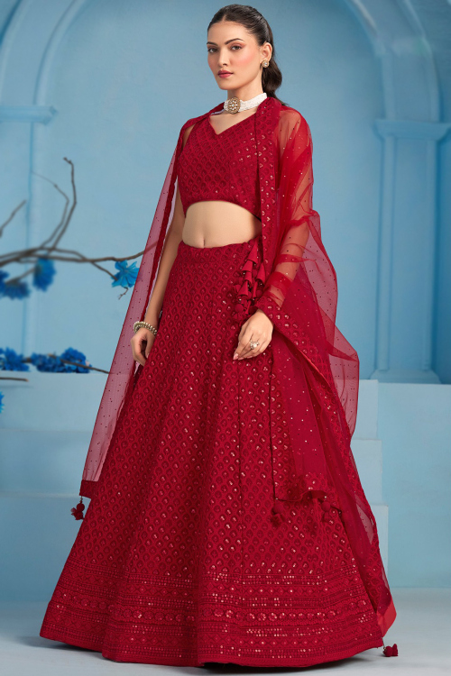 Deep Red Embroidered Georgette Panelled Style Lehenga